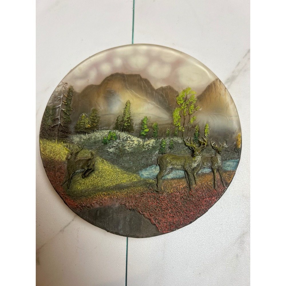 Vintage 3D Relief Deer Mountain Landscape Decorative Plate Rustic Cabin Decor